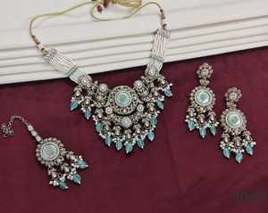 Luxury Oxidised Pearl Beaded <b>Necklace</b> Set with Aqua <b>Blue</b> Stones Designer Bridal Party Wear Jewelry Set with Earrings for women - Product Image 1