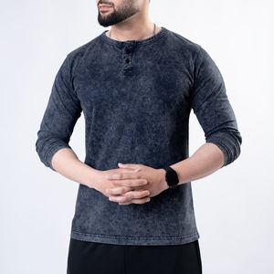 T-shirt à manches longues de haute qualité pour hommes, 100% coton, vêtements unis, respirant, col rond, manches longues. - Product Image 3