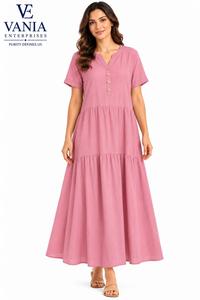 Robe longue décontractée d'été à col en V, unie, avec volants, tissée, lavable, respirante, taille naturelle, imprimé numérique, coupe oversize, ourlet long, tailles S-5XL - Product Image 5