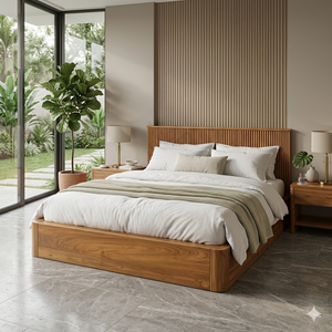 Modern Solid Wood <b>Storage</b> <b>Bed</b> Frame Luxury Fluted Headboard King Size Bedroom Set <b>with</b> Nightstands Indonesia Factory Custom - Product Image 1