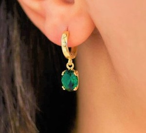 <b>Emerald</b> Dangle Hoop Earrings May Birthstone Oval Cut Green Gemstone 925 Sterling Silver 14K Gold Plated Jewelry/ - Product Image 2