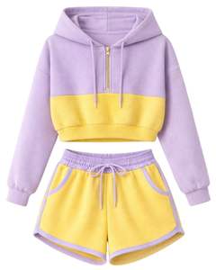 Ensemble décontracté deux pièces pour femme, comprenant un crop top à capuche zippé et un short, color block lavande et jaune, en polyester et coton, tenue de détente, vente en gros - Product Image 1