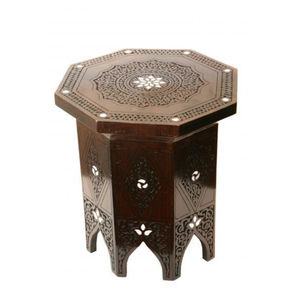 Table d'appoint octogonale marocaine artisanale avec incrustation de nacre, en bois massif sculpté, au meilleur prix - Product Image 1