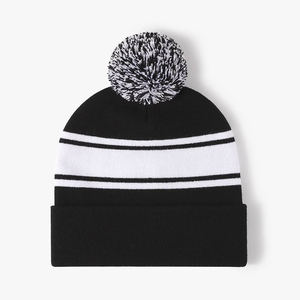 Unisex Winter Knitted Beanie <b>Hat</b> With <b>Pom</b> <b>Pom</b> Striped Fold Cuff Casual Outdoor Skull Cap - Product Image 2