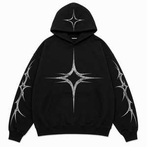 Men's Black Hoodie Geometric Print French Terry Cotton Casual Streetwear Sweatshirt Regular Fit Winter Breathable Acid Wash 350g - Product Image 1