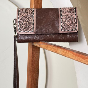 กระเป๋าสตางค์หนังแท้ลายนูนลายดอกไม้กระเป๋าใส่บัตรเครดิตแบบถือสไตล์ตะวันตก - Product Image 5