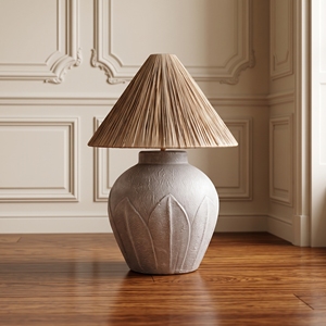 Rustic Carved Ceramic LED Floor Lamp Pleated Raffia Shade Middle <b>Leaf</b> Pattern Pottery Urn Standing Bedside <b>Light</b> Wabi Sabi Home - Product Image 2