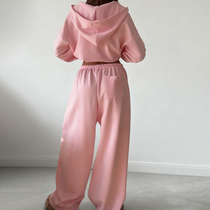 Women's Winter <b>Pink</b> Hooded Fleece <b>Tracksuit</b> <b>Set</b> Full Sleeve Loose Fit Solid Color Sweatshirt Pants Drawstring Side Pockets - Product Image 5