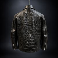 Veste de moto en cuir de crocodile véritable MH, noire, style motard, coupe ajustée, col rond, coupe-vent