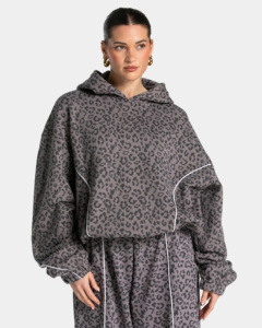 Ensemble de survêtement 2 pièces pour femme en molleton 100% coton, imprimé léopard graphite avec passepoil, à capuche, décontracté, hiver, écologique, qualité supérieure - Product Image 2