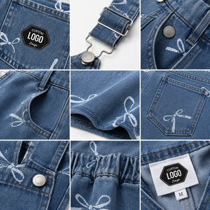 Salopette courte en jean taille haute pour femme, imprimé nœud, décontractée, d'été, en coton tissé respirant, coupe ample - Product Image 3