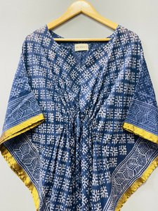 Caftán de Algodón Puro Ecológico con Estampado Bagru, Estampado a Mano, Estilo Indio, para Verano, Playa, o como Pareo, Cómodo, Largo hasta el Suelo - Product Image 6