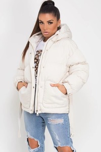Women's <b>White</b> Quilted Puffer <b>Jacket</b> With Hood Zipper Front And Pockets Winter Warm Coat - Product Image 1