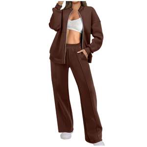 Wholesale Factory Direct Women's Casual 2 Piece Outfits Oversized Fleece Sweatsuit <b>Zip</b> Long Sleeve Sweatshirt Wide Leg - Product Image 6