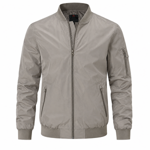 <b>Light</b> Gray Bomber <b>Jacket</b> Full Sleeve Zipper Closure Stand Collar Polyester Woven Windproof Autumn Regular Fit Silk Finished - Product Image 5