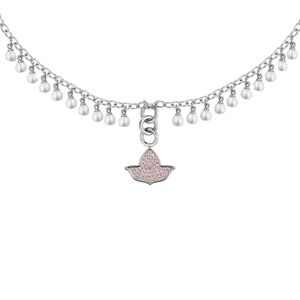 Silver Pearl Drop Chain <b>Necklace</b> with Twenty White Pearls <b>Pink</b> Bird Pendant Dangling Charm Elegant Women Fashion Jewelry - Product Image 2
