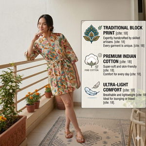 Robe kimono en coton biologique à fleurs, vente en gros |   Robe de chambre à imprimé artisanal avec poches |   Ensemble de vêtements de nuit à manches longues et col en V - Product Image 6