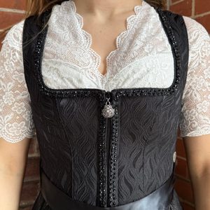 Women's Bavarian Style Dirndl <b>Dress</b> Midi Length A-Line Lace Bodice With Apron Casual Folk Costume Black Short Sleeve - Product Image 2