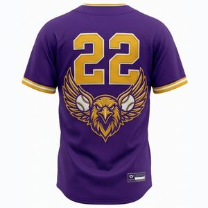 Maillot de baseball personnalisé pour homme, manches courtes, violet et or, avec broderie et appliqué, en maille respirante, coupe classique, toutes saisons, tenue d'équipe - Product Image 2