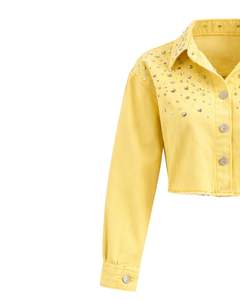 Veste en jean courte jaune personnalisée pour femme avec boutons ornés de strass, manches longues, style décontracté et tendance - Product Image 4