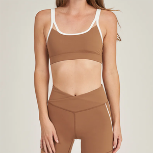 Soutien-gorge de sport pour femme, couleur unie, avec biais contrastant, bretelles spaghetti, encolure dégagée, maintien moyen, respirant, sans coutures, pour le fitness - Product Image 2