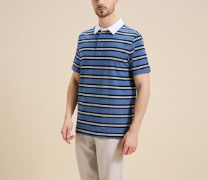 เสื้อโปโลผู้ชายสไตล์วินเทจสำหรับฤดูร้อน ผลิตตามสั่ง ขายส่ง OEM พร้อมปักโลโก้แบรนด์ ผ้าคอตตอน/โพลีเอสเตอร์ผสม 220 GSM ผ้าถักลายทางย้อมเส้นด้าย - Product Image 2