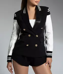 Chaqueta Blazer de Béisbol Universitaria para Mujer, de Alta Calidad, con Costuras en Blanco y Negro y Doble Botonadura - Product Image 6