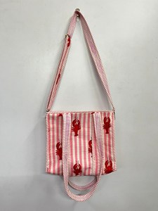 <b>Long</b> Strep Pink Striped Cotton Mini Tote <b>Bag</b> with Red Lobster Print & Dual Straps - Product Image 5