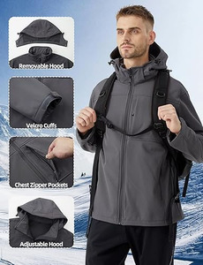Men's Heavy-Duty Softshell <b>Work</b> Jacket – Adjustable Storm Hood, <b>Fleece</b> Lined & Reinforced Seams - Product Image 6