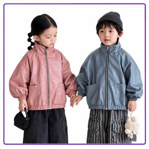 Suprex <b>Kids</b> PU Leather Bomber Jacket Puff Sleeve Solid Color Zipper Stand Collar Autumn Windproof Outerwear - Product Image 6