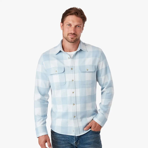 Chemise en flanelle tricotée bleu clair unie pour homme, manches longues, col rabattu décontracté, 100 % coton respirant, idéale pour l'été - Product Image 2
