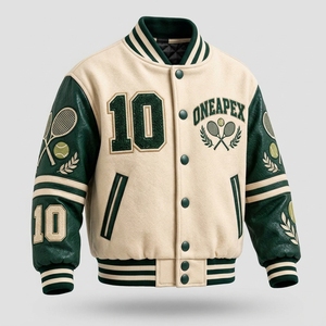 <b>Men's</b> <b>Cream</b> Green Custom Baseball Letterman <b>Jacket</b> Wool Body Leather Sleeves Embroidered Team Bomber <b>Jacket</b> Manufacturer - Product Image 1