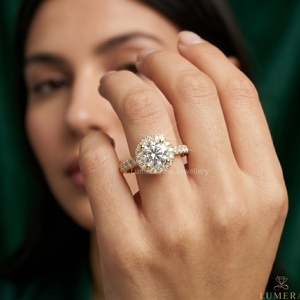 แหวนหมั้นเพชรทรงกลมเจียระไนแบบ Halo ทองคำขาว 14K/18K หรูหรา ประดับเพชรเลี้ยงในห้องปฏิบัติการ พร้อมวงแหวนแบบ Pavé สำหรับผู้หญิง เครื่องประดับชั้นดี รับผลิตแบบ OEM ODM - Product Image 6