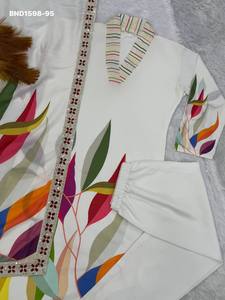 Designer Beautiful Muslin Cotton with Digital Big-Leaf Colorful Print Straight Long <b>Kurti</b>-Dupatta & Plain Pant Set Woman Fashion - Product Image 6