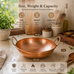 Premium Hand Hammered Pure Copper Kadhai with Brass <b>Handles</b> Traditional Indian Serving Bowl Heavy Duty Kitchen Cookware for Home - Product Image 4