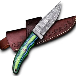มีดล่าสัตว์และตั้งแคมป์ใบมีดเหล็กดามัสกัสคุณภาพสูง ขนาด 8 นิ้ว ด้ามจับไม้ปักก้าสีเขียวน้ำเงิน ออกแบบตามหลักสรีรศาสตร์ คมกริบ พร้อมซองหนัง รับผลิตแบบ OEM - Product Image 1