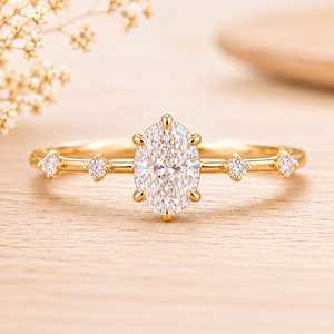 Oval Brilliant and Round Cut Lab Grown Diamond Minimal Style <b>Wedding</b> Band 10K 14K 18K Solid Gold Diamond Engagement Ring - Product Image 3