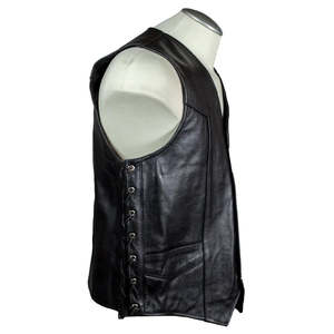 Men’s Black Genuine Leather Western <b>Vest</b> Classic Snap Front <b>Cowboy</b> Waistcoat with Side Lace Design - Product Image 5