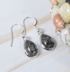 Wholesale Natural Black Rutile Quartz <b>Earrings</b> 925 <b>Sterling</b> <b>Silver</b> Handmade Pear Shape Tourmalinated Quartz Drop <b>Dangle</b> <b>Earrings</b> - Product Image 1