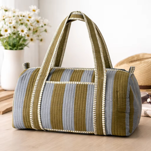 Sac de voyage matelassé en coton à rayures vertes, fermeture éclair, doubles poignées, unisexe |   Sac de week-end léger 20-35L - Product Image 1