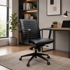 Chaise de bureau ergonomique moderne KINSHA, dossier capitonné en cuir PU, accoudoirs fixes, hauteur réglable, base pivotante en plastique, design contemporain - Product Image 1