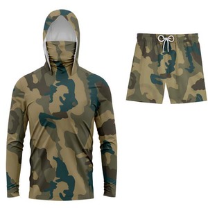 Men's Blue Camouflage Fishing Wear Set <b>Long</b> <b>Sleeve</b> Hoodie With Shorts UPF 50 Quick Dry Polyester Outdoor Apparel - Product Image 2