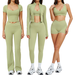 Ladies gym wear set with <b>leggings</b>, <b>flare</b> pants, shorts, sports bra, T-shirt & jacket. Quick dry, breathable 6-piece activewear - Product Image 1