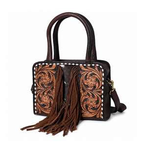 Hand Tooled Hair On Cowhide Genuine Leather Women's <b>Tote</b> Bag Western Fringe Shoulder Handbag Handmade Travel Office Carry Purse - Product Image 1