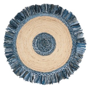 Tapis rond bohème en jute avec franges bleues, fait main, écologique, décoration de salon - Product Image 6