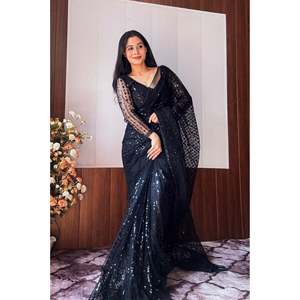 Impresionante Sari Listo para Usar con Lentejuelas y Bordado para Vestidos de Fiesta - Product Image 3