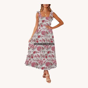 Vestido Boho 2026 con Tirantes Finos, Largo hasta el Suelo, Casual Chic, Estampado a Bloques, Sin Mangas, de Algodón Ecológico, para Noche o Playa, Estilo Gitano - Product Image 5