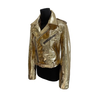 Phụ Nữ Của Mùa Đông Da Cừu Chính Hãng Da Biker Áo Khoác Vàng Nổi Mô Hình Động Vật Windproof Thoáng Khí Dây Kéo Vải Bán Buôn - Product Image 5