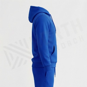 Men's Blue Hooded <b>Tracksuit</b> Full Sleeve Solid Color Casual Sportswear With Front Logo Print Breathable Polyester Material - Product Image 3