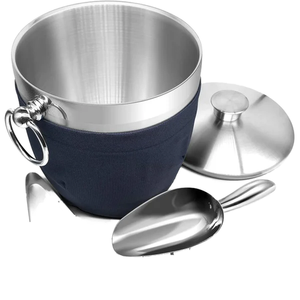 Seau à glace en acier inoxydable avec couvercle et cuillère, double paroi, anti-fuite, résistant à la rouille, style côtier, extérieur bleu, intérieur argenté, pour les fêtes - Product Image 1